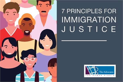 [ai] An illustration featuring a diverse group of people with various hairstyles and clothing. Text on the right side states "7 Principles for Immigration Justice". The logo of The Advocates for Human Rights is also visible at the bottom.